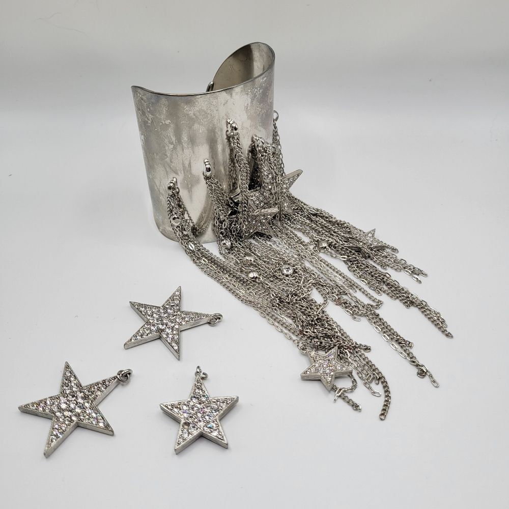 Silver Star Dangle Rhinestone Western Glan Cuff  Bracelet